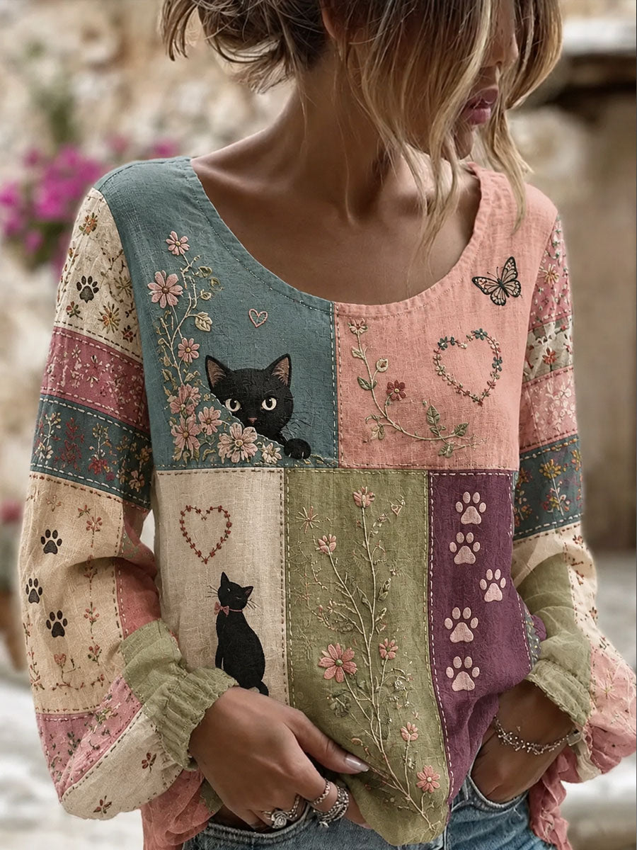 Kvinders patchwork kat Print Casual Lang-Sleeved Toppe