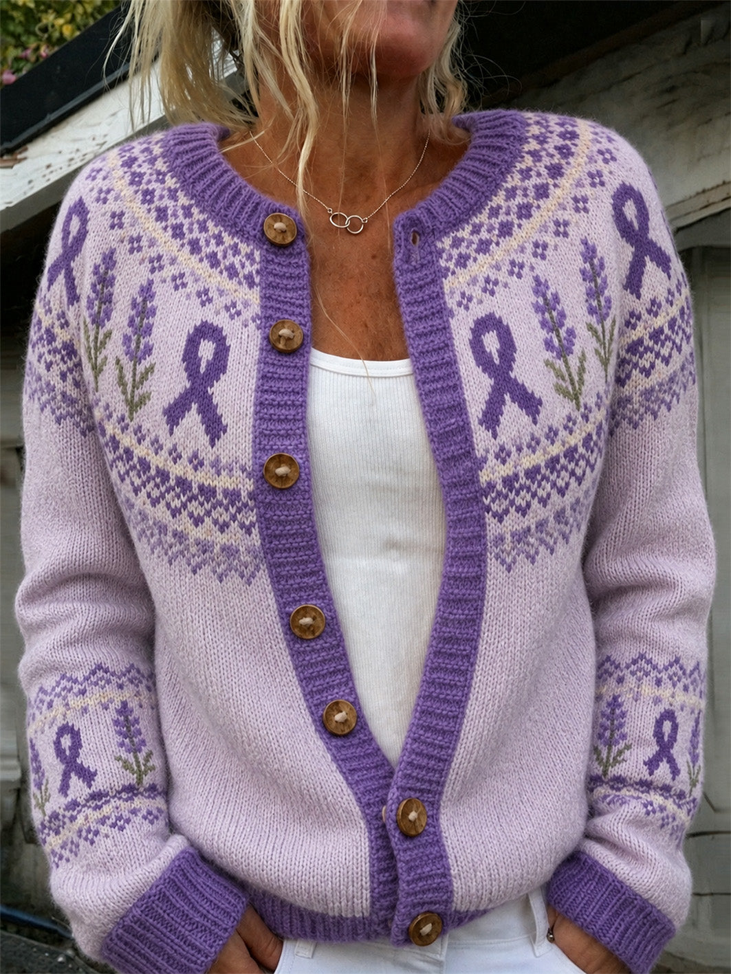 Kvinner lilla blomst og lilla veldedighet bånd Mønster trykt Casual Cardigan-stil strik jakka
