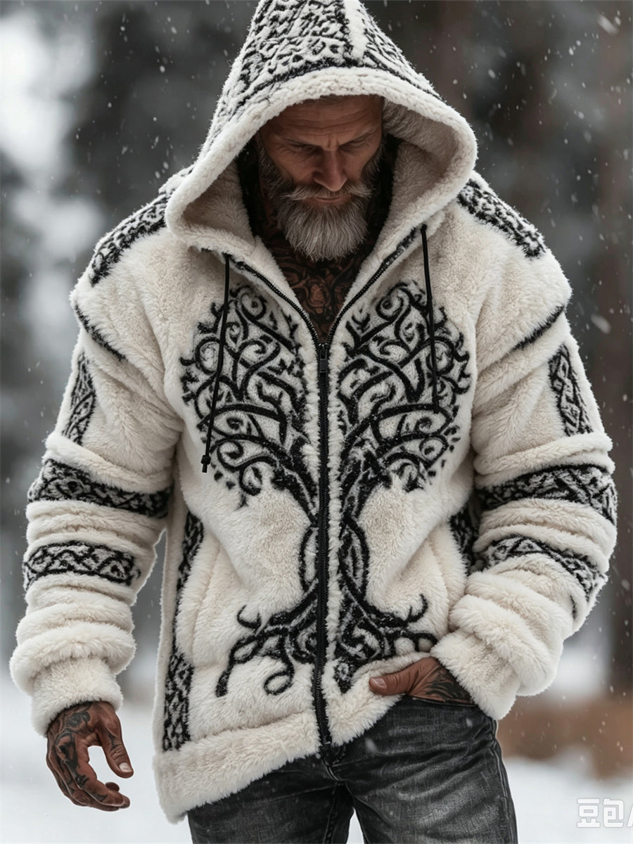 Mænds vintage viking Livets træ keltisk knudeprint flannel-hoodie med fuld lynlås og behagelig pasform