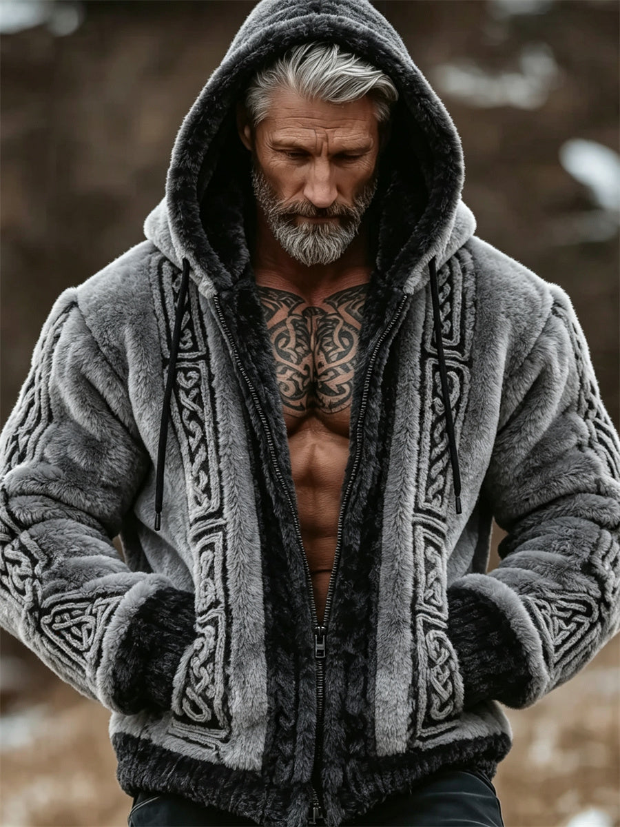Mænds vintage vikingekeltskørtetryk flannel-hættetrøje med fuld lynlås og behagelig pasform