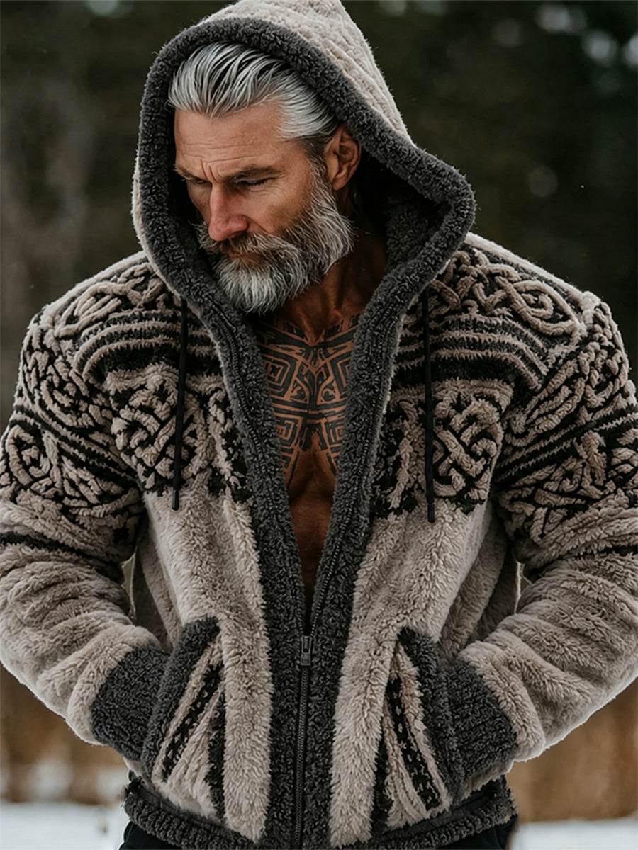 Mænds vintage vikingekeltskørtetryk flannel-hættetrøje med fuld lynlås og behagelig pasform