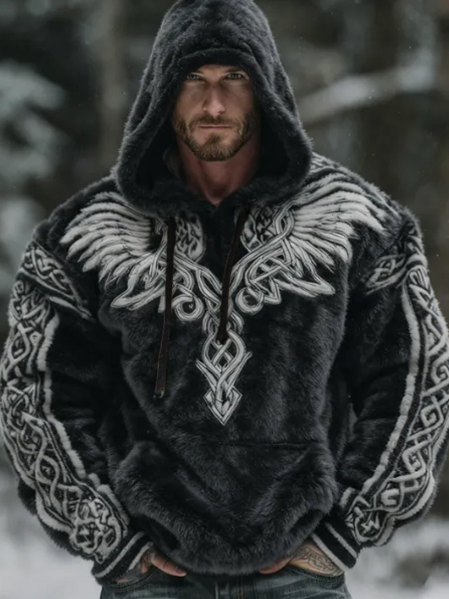 Mænds Viking Celtic Wings Mønster Hyggelige Plush Flannel Hoodie.