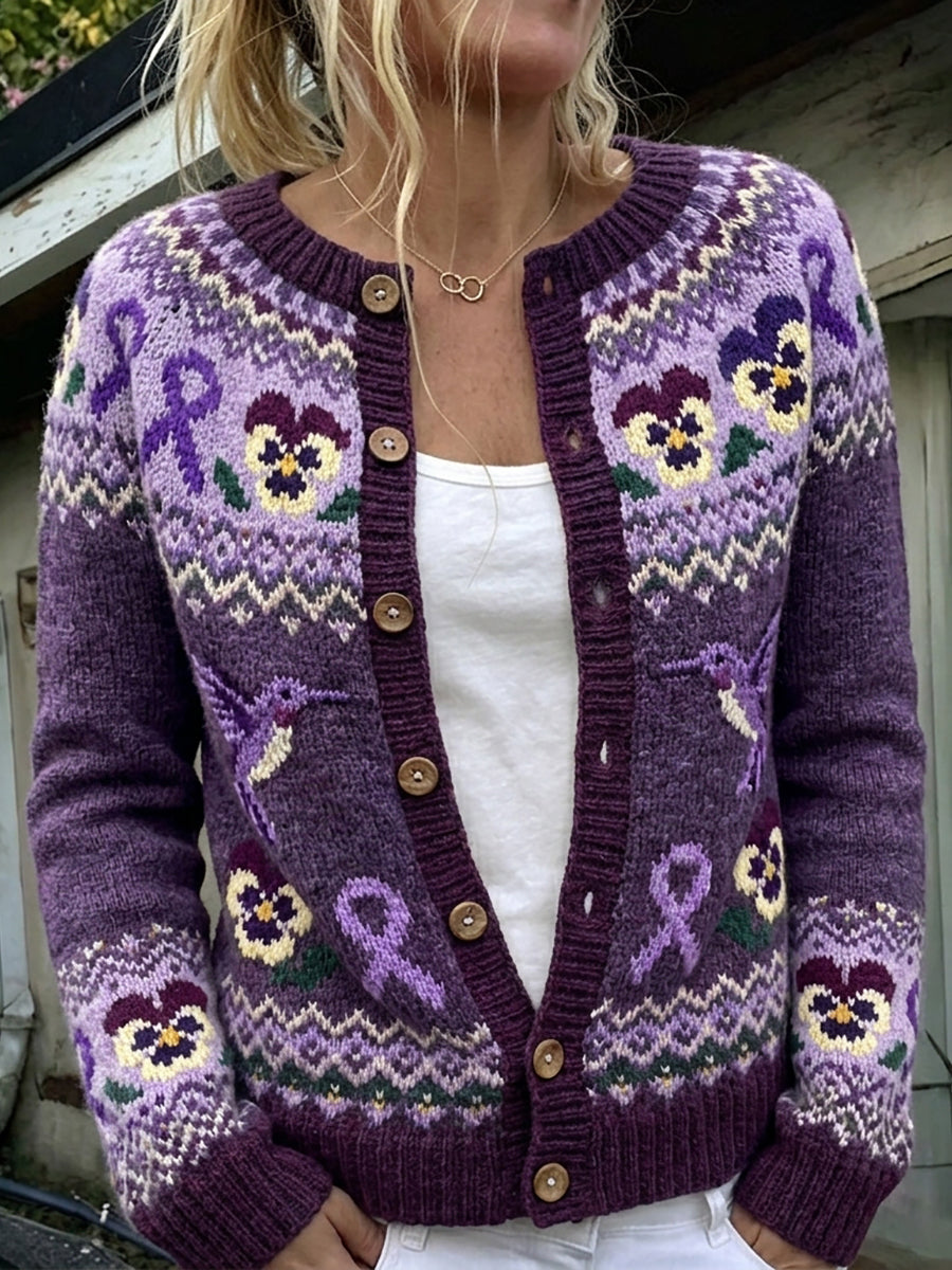 Kvinders vintage lilla bånd og kolibri-stueviol ø-mønster print cardigan