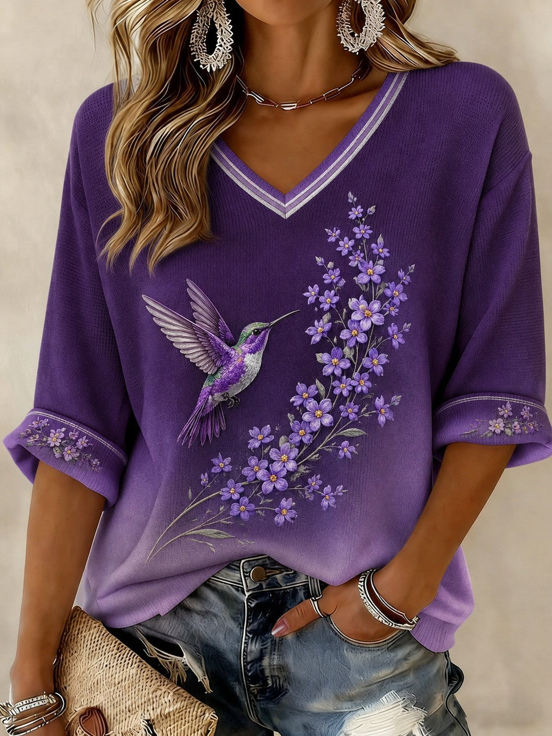 Kvinders Alzheimers sygdom blomsterprint mellemlangærmet t-shirt med V-udskæring