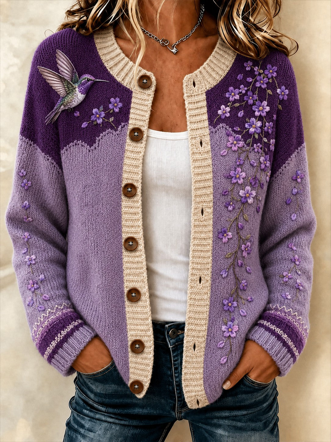 Kvinders Alzheimer-kartoffelblomst-printede hyggelige cardigan