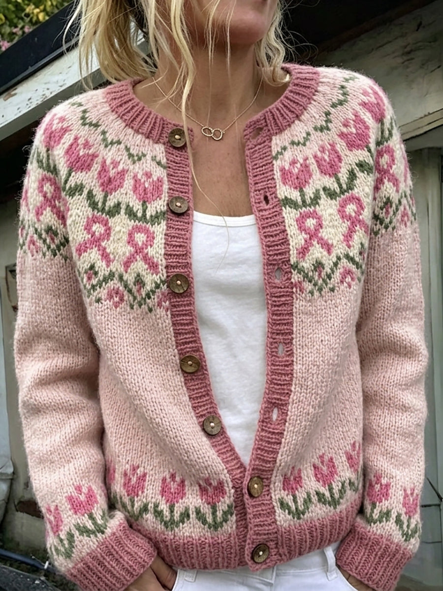 Kvinders Vintage Pink Ribbon & Tulip Isle mønster Print Cardigan
