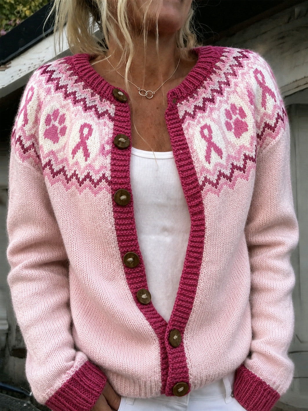 Kvinders søde hunde Paws og lyserød velgørenhed bånd Mønster trykt Casual Cardigan-Stile strik jakken