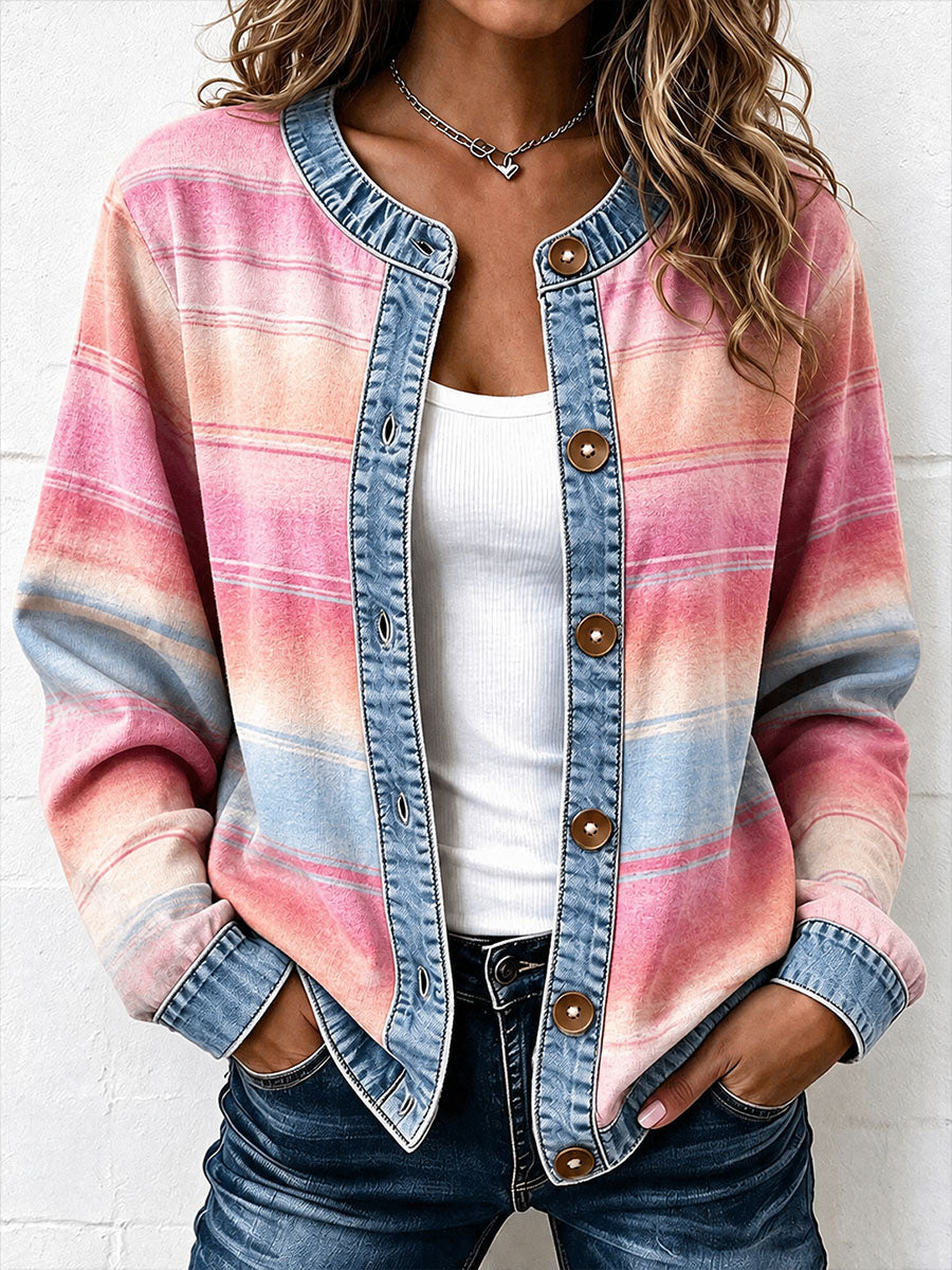 Damecardigan med striber og denimpatchwork