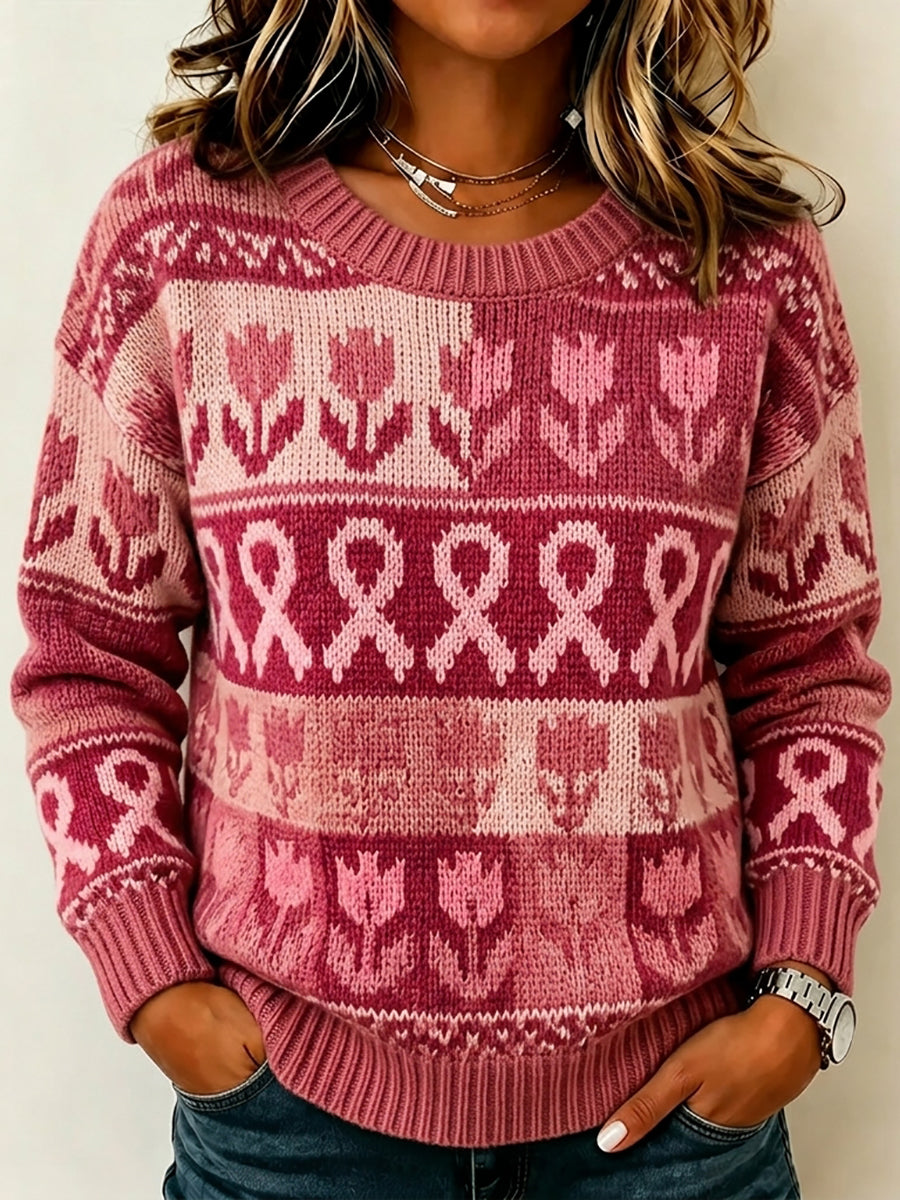 Kvindegenser i vintagestil med lyserødt bånd og tulipanmønster, behagelig og hyggelig