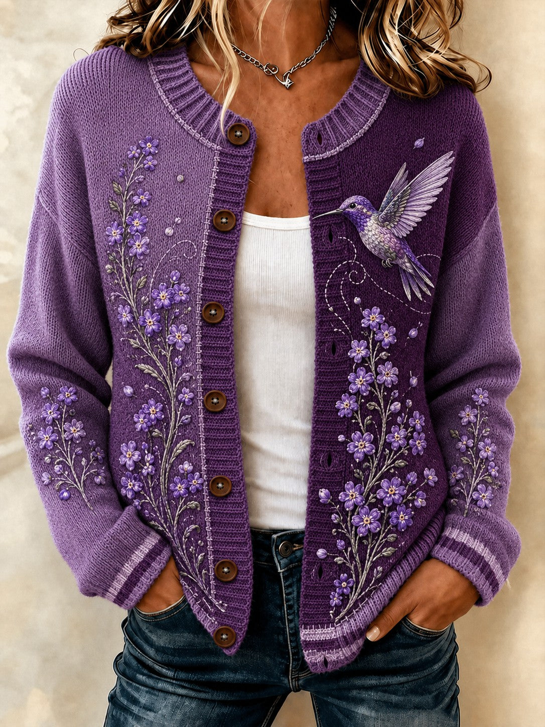 Kvinders Alzheimer-kartoffelblomst-printede hyggelige cardigan