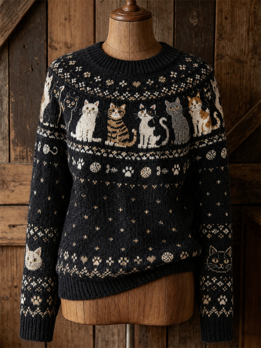 Kvindegenser i vintagestil med katte- og ømønster, behagelig rund hals og blødt strik