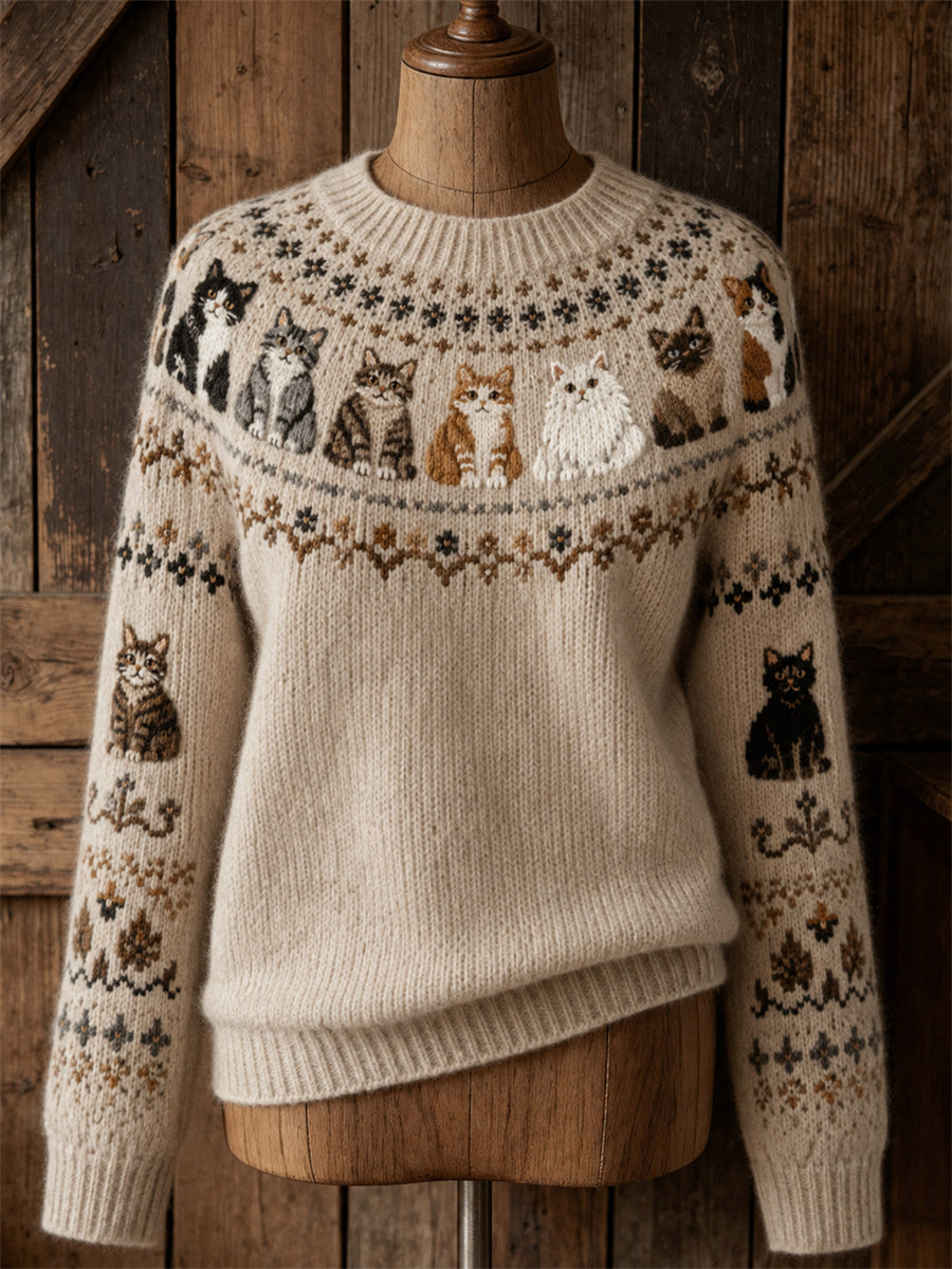 Kvindegenser i vintagestil med katte- og ømønster, behagelig rund hals og blødt strik