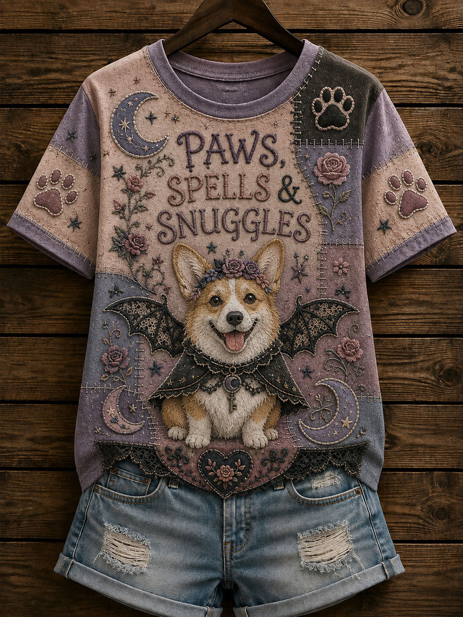 Damesgotisk patchwork-t-shirt med hundemotiv, afslappet stil