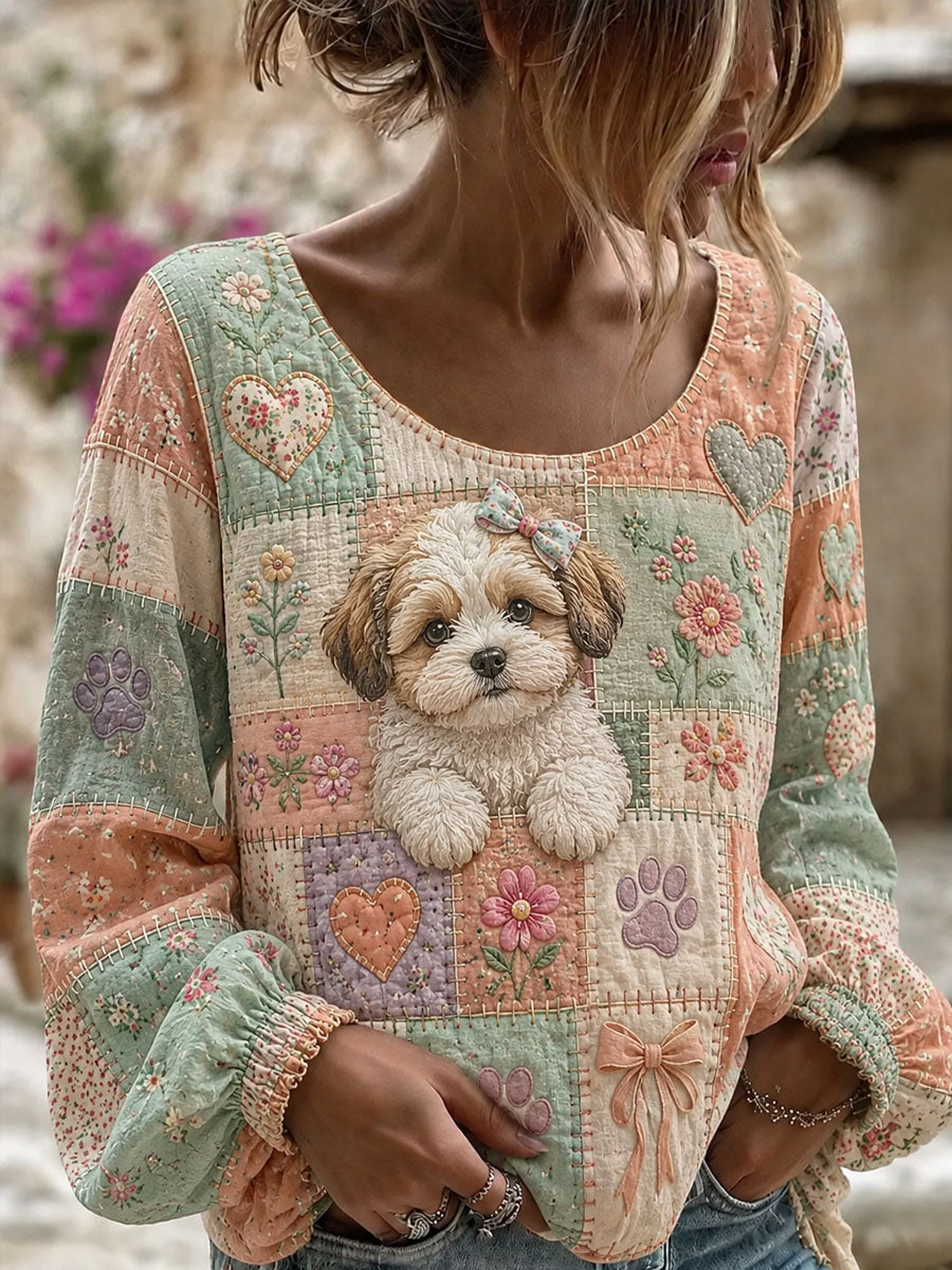 Kvinders søde patchwork hund Print Casual toppen hunde