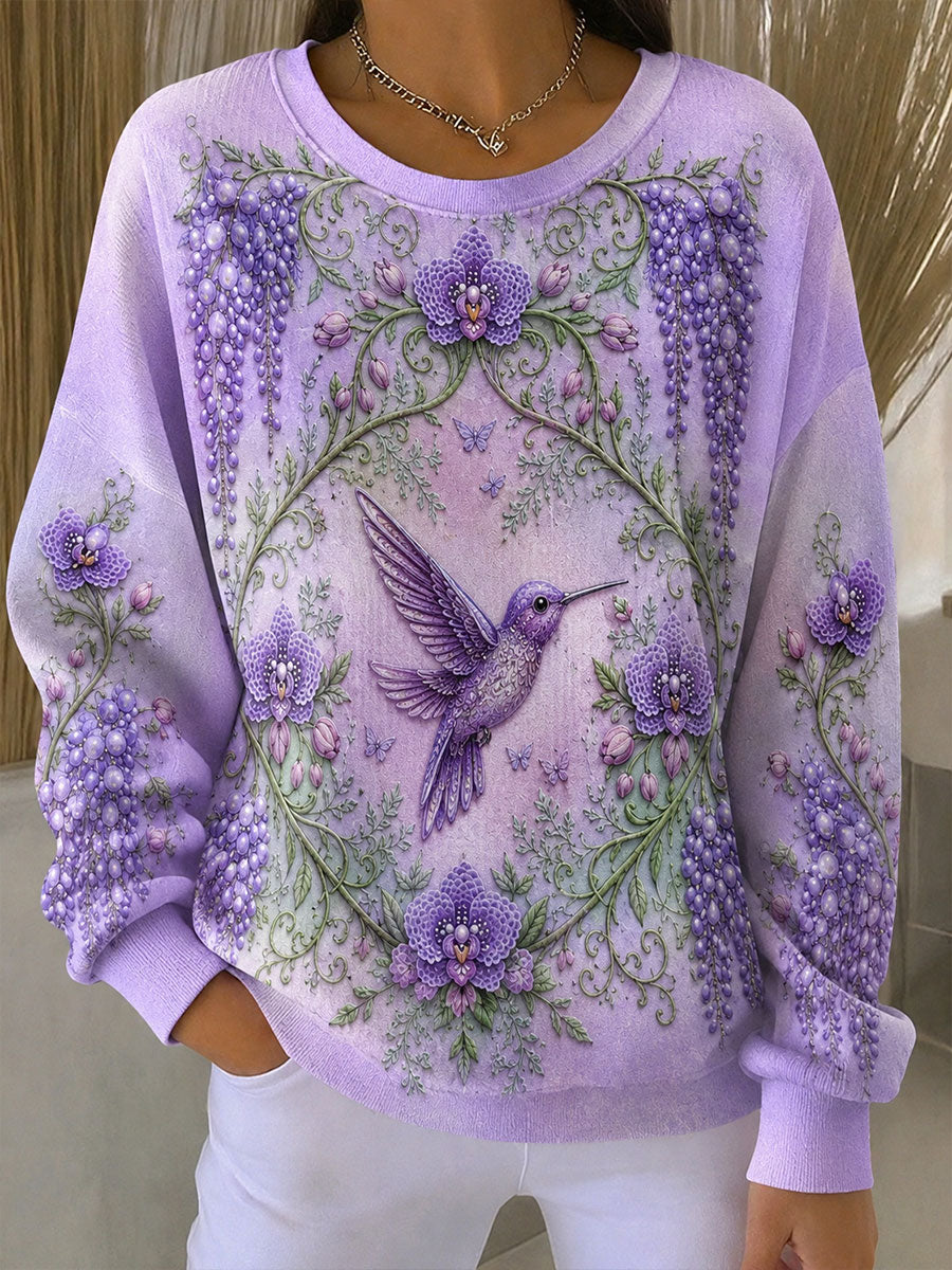 Kvinders Alzheimers bevidsthed Blomst Hummingbird Ribbet rund hals sweatshirt
