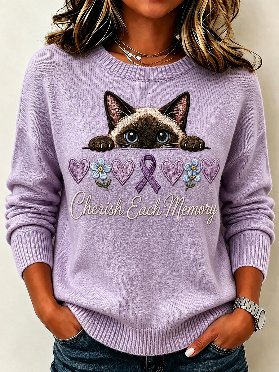Kvinders Vintage Lilla Ribbon Peeking kat print besætning hals SweaterName