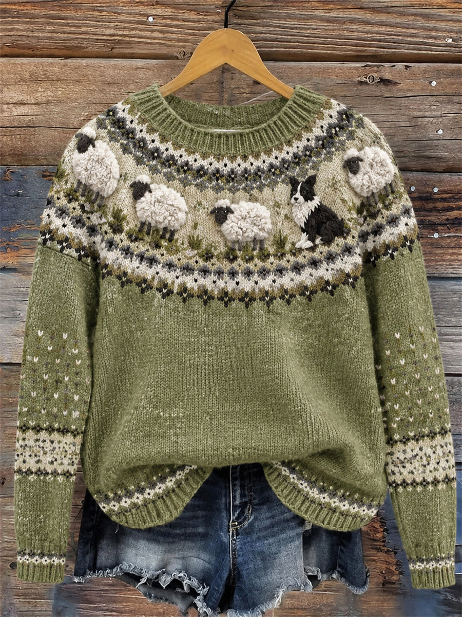 Kvinders Border Collie & Får Yoke Isle Print Hyggelig besætning hals sweater.