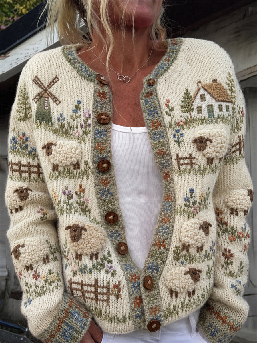 Kvinders Vintage Farm Fuzzy Får Blomster Isle Print hyggelig Cardigan