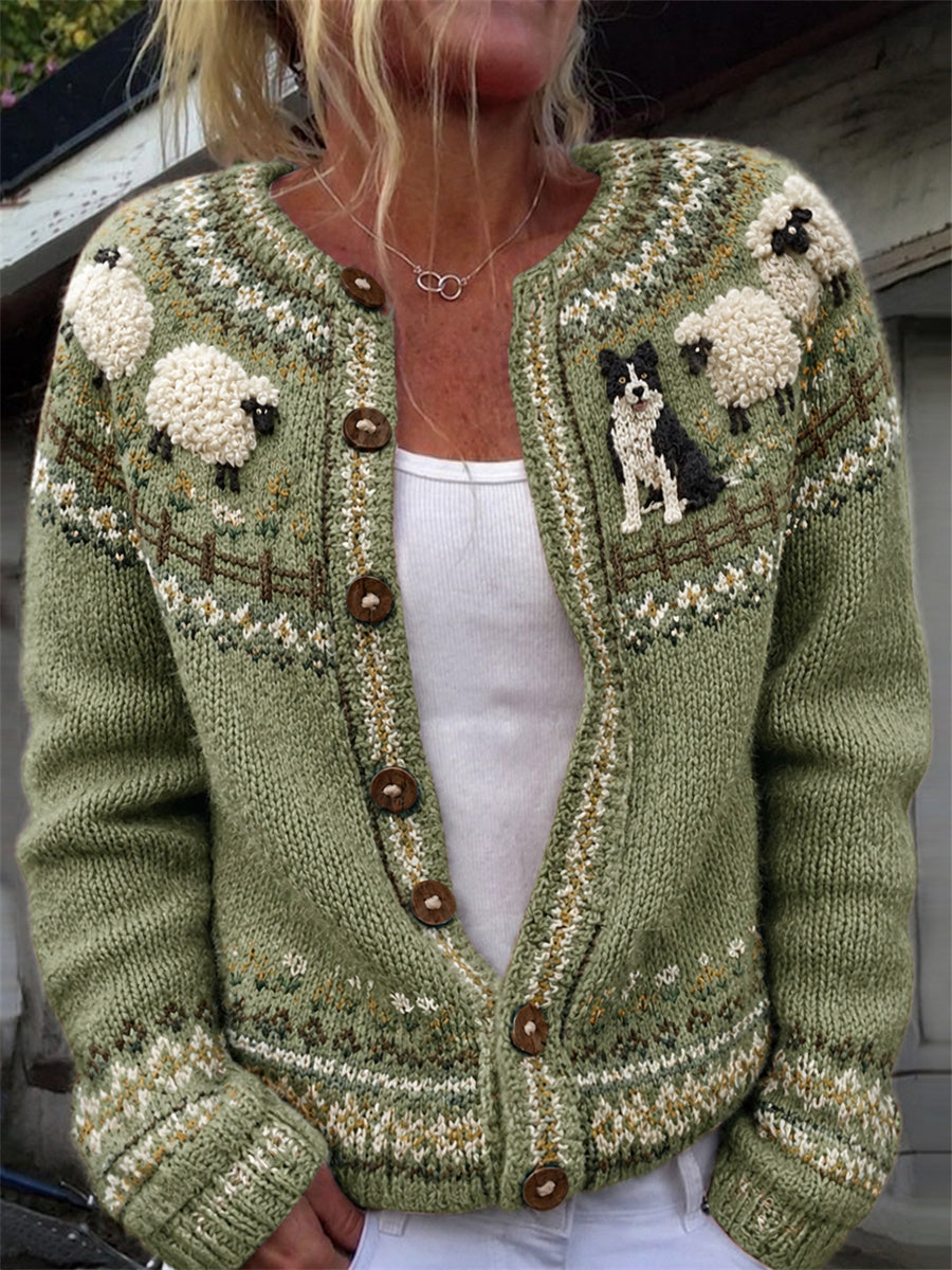 Kvinders Vintage Farm grænse Collie & Fuzzy Sheep Yoke Isle Print hyggelig Cardigan