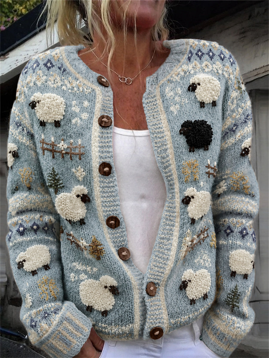 Kvinders Vintage Farm Fuzzy Får Isle Print hyggelig Cardigan