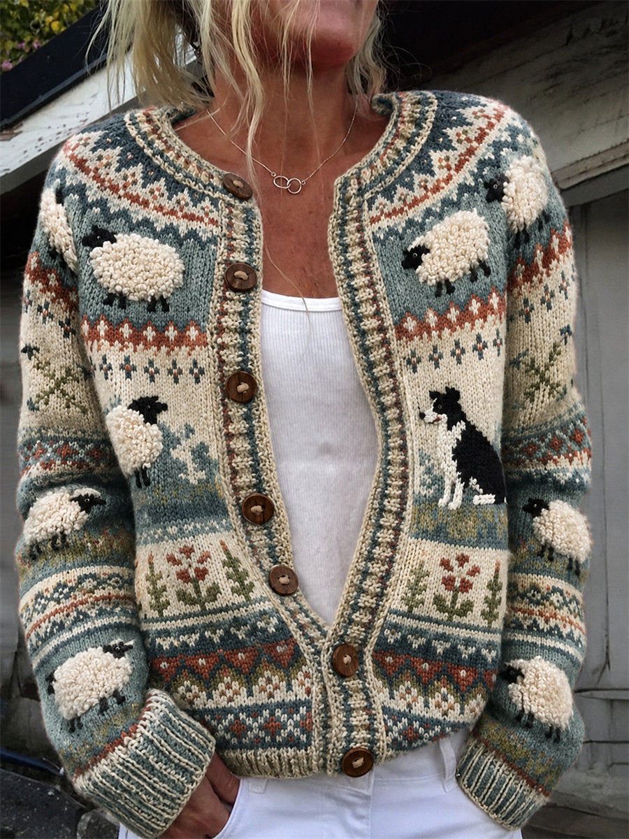 Kvinders Vintage Farm grænse Collie & Fuzzy Får Isle Print hyggelig Cardigan