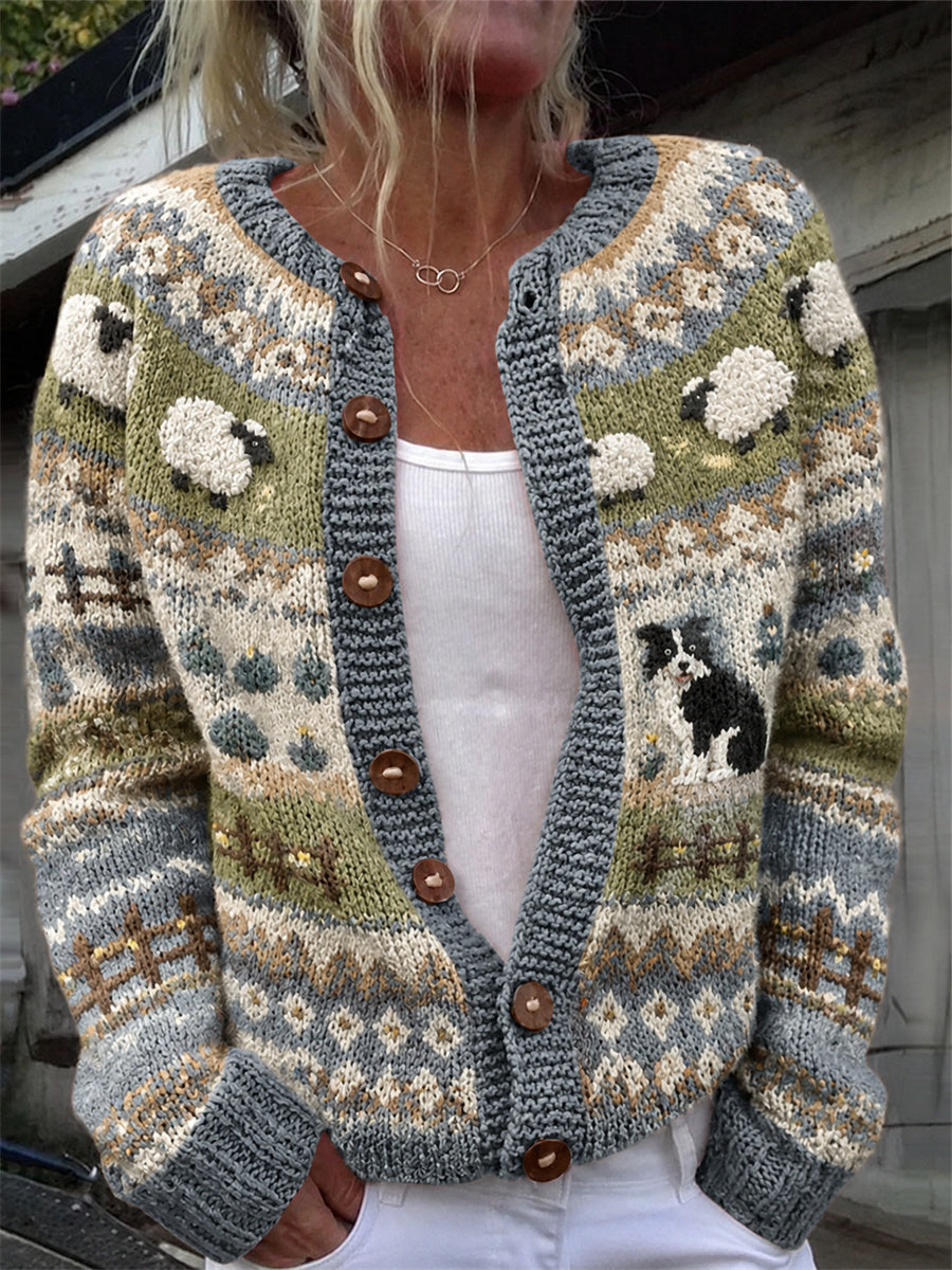 Kvindegenser i vintagestil med bondegårdsmotiv – bordercollie og lodne får – ømmejer med tryk