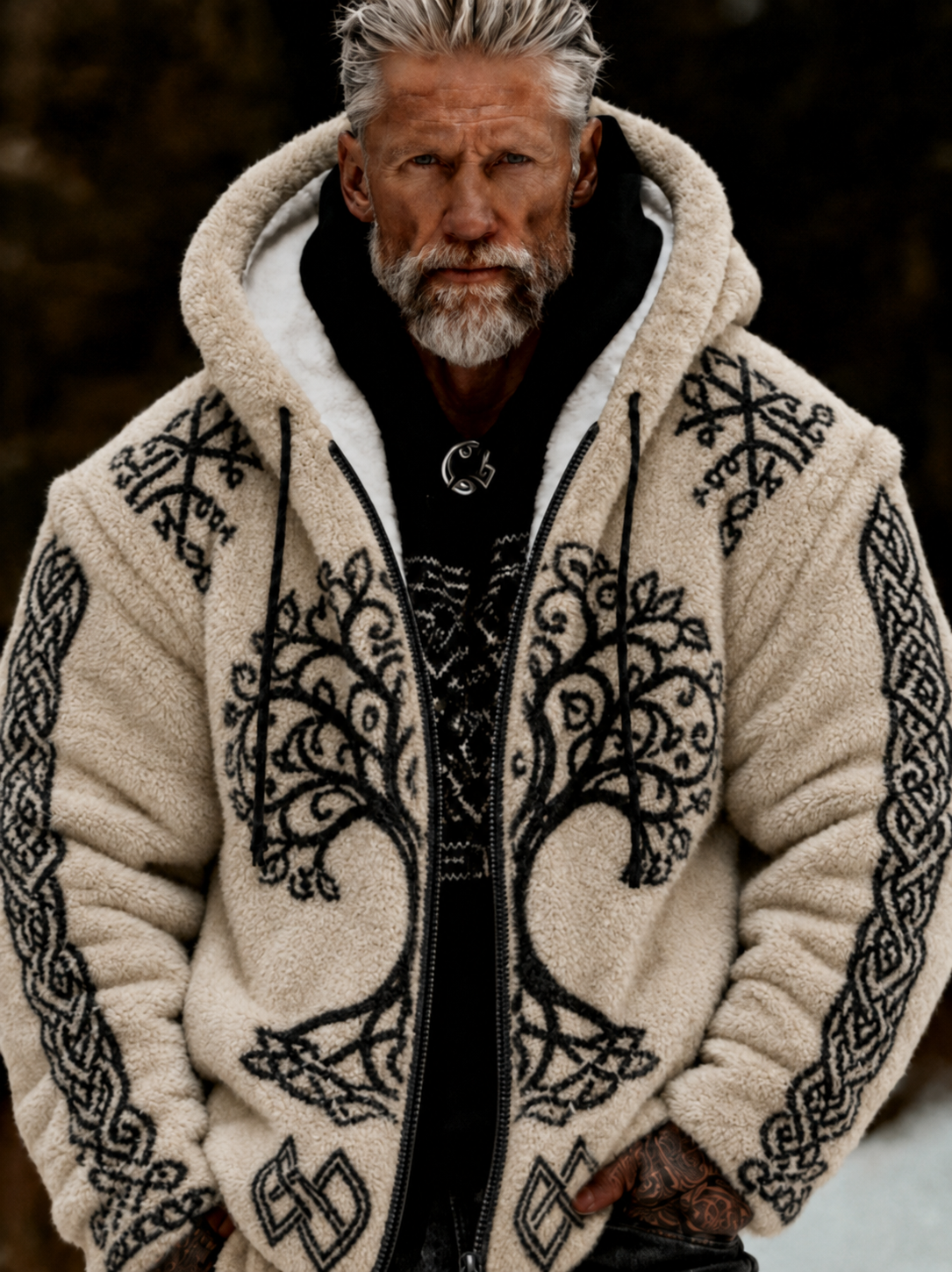 Mænds Viking Celtic Art Plush hyggelig varm lynlået hættefuld flannel jakken