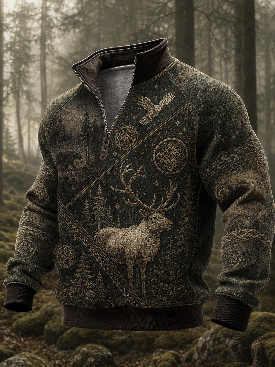 Retro Nordic Art Print Casual Comfortable Zip-Up Sweatshirt