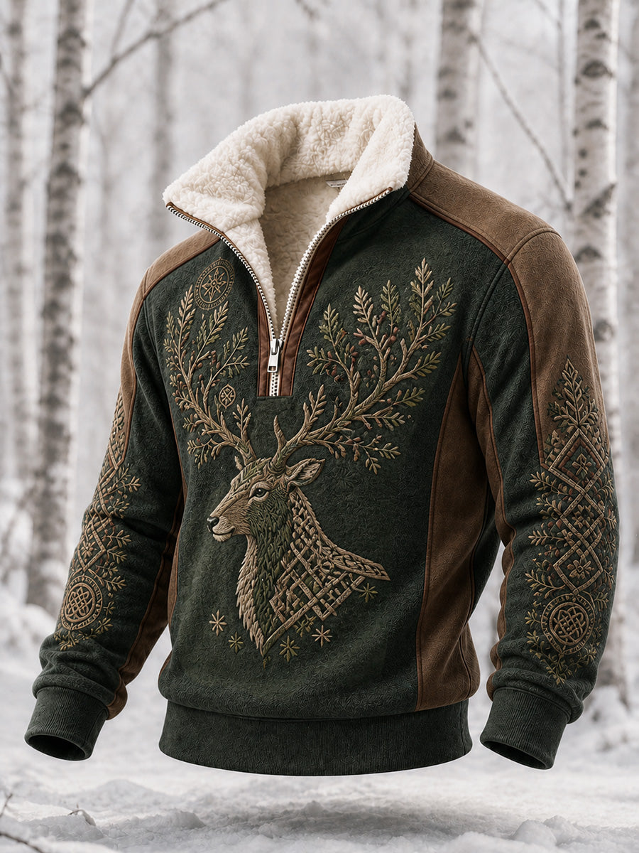 Retro Nordic-Style Animal Art Print Casual Zip-Up Sweatshirt