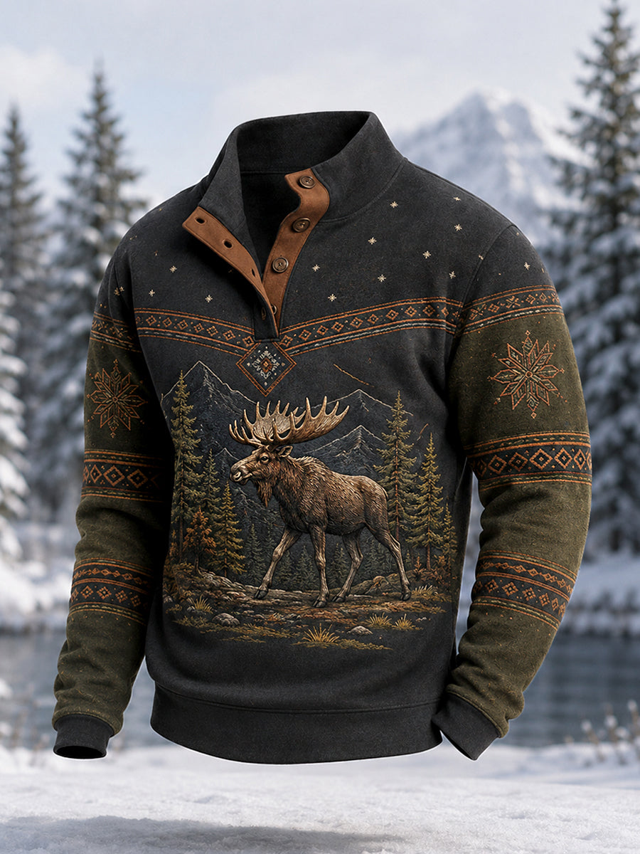 Mænds vinter Moose Print Casual knapper Pullover