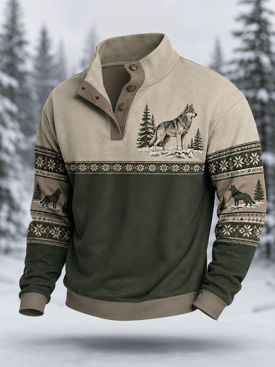 Mænds vinterpullover med ulvemønster i casual stil