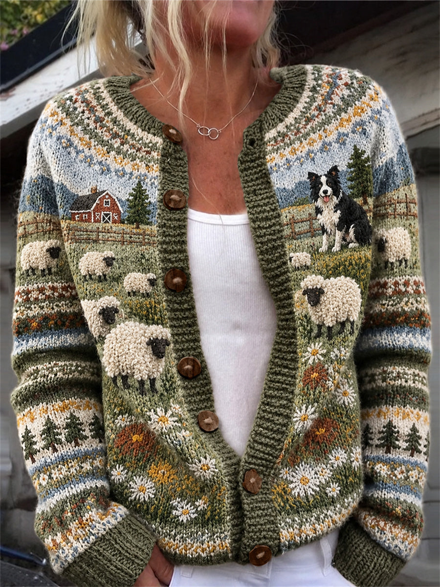 Kvinders vintage strikjakke i cardiganstil med print af Border Collie, fårefarm og ølandskab
