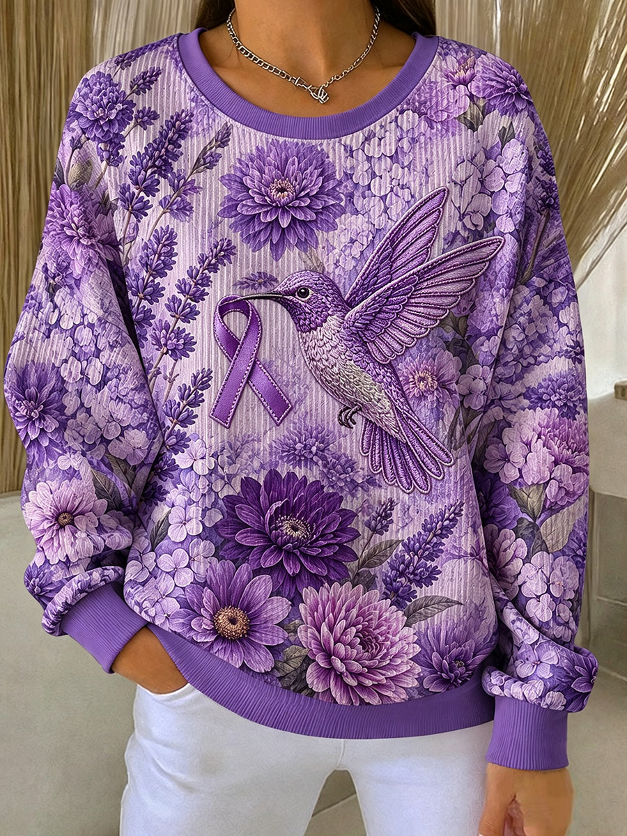 Kvinders Alzheimers bevidsthed Purple Blomster Hummingbird Print Sweatshirt