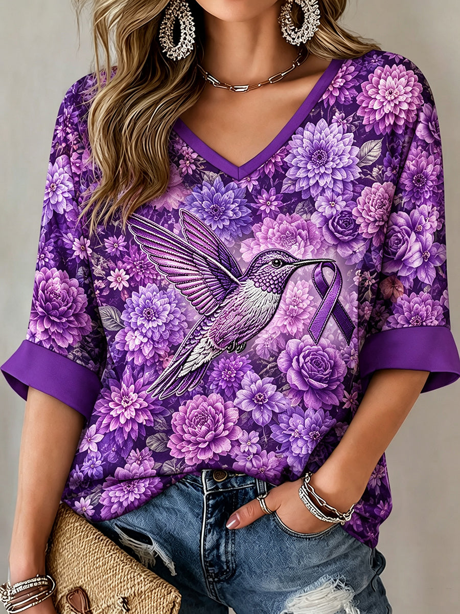 Kvinders Alzheimers-holdning lilla blomsterkolibri-print midlengde ærmer T-shirt