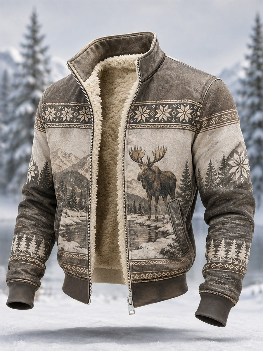 Mænds Vinter Moose Print Casual Composite Fleece Jacke