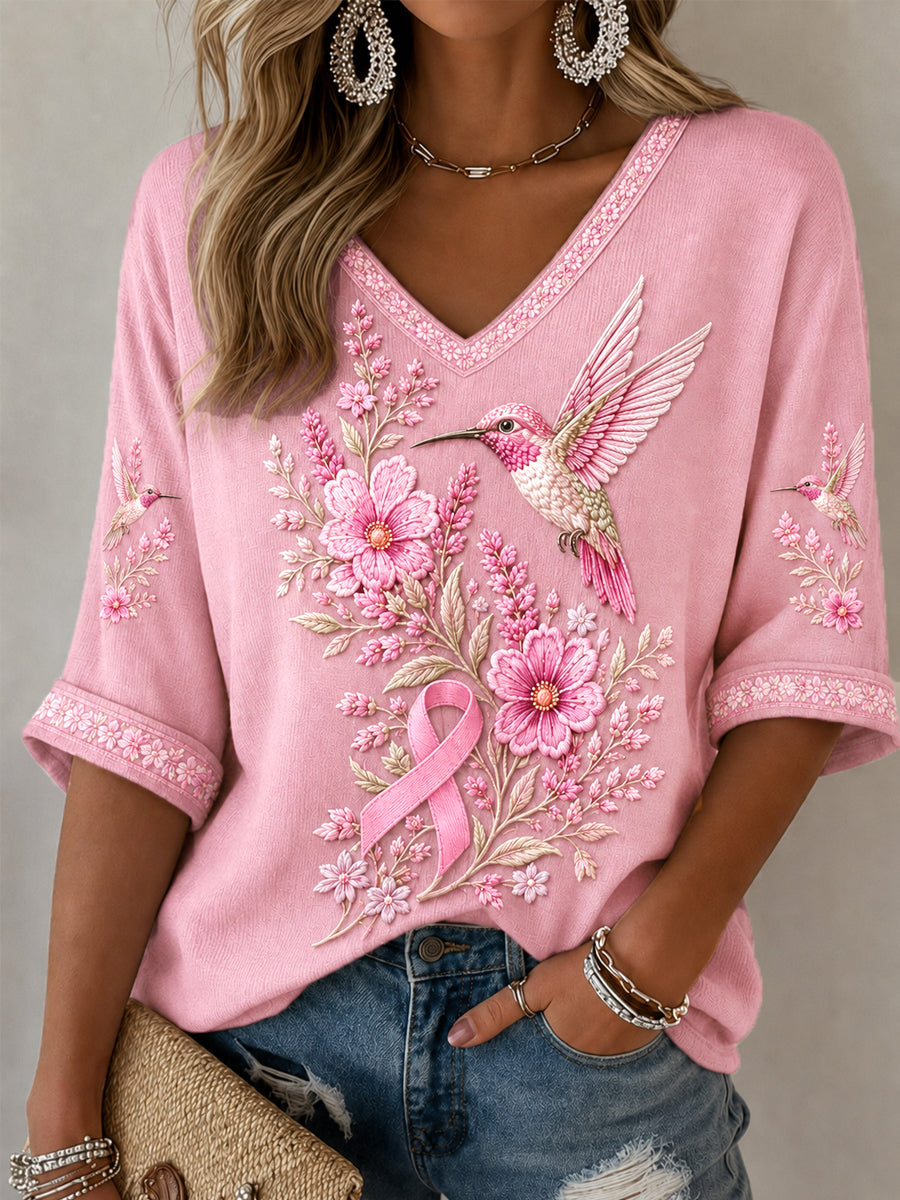 Kvinders Pink Blomster & Hummingbird Print Bryst kræft opmærksomhed Support Halv-ærmer V-hals T-Shir T-Shire t