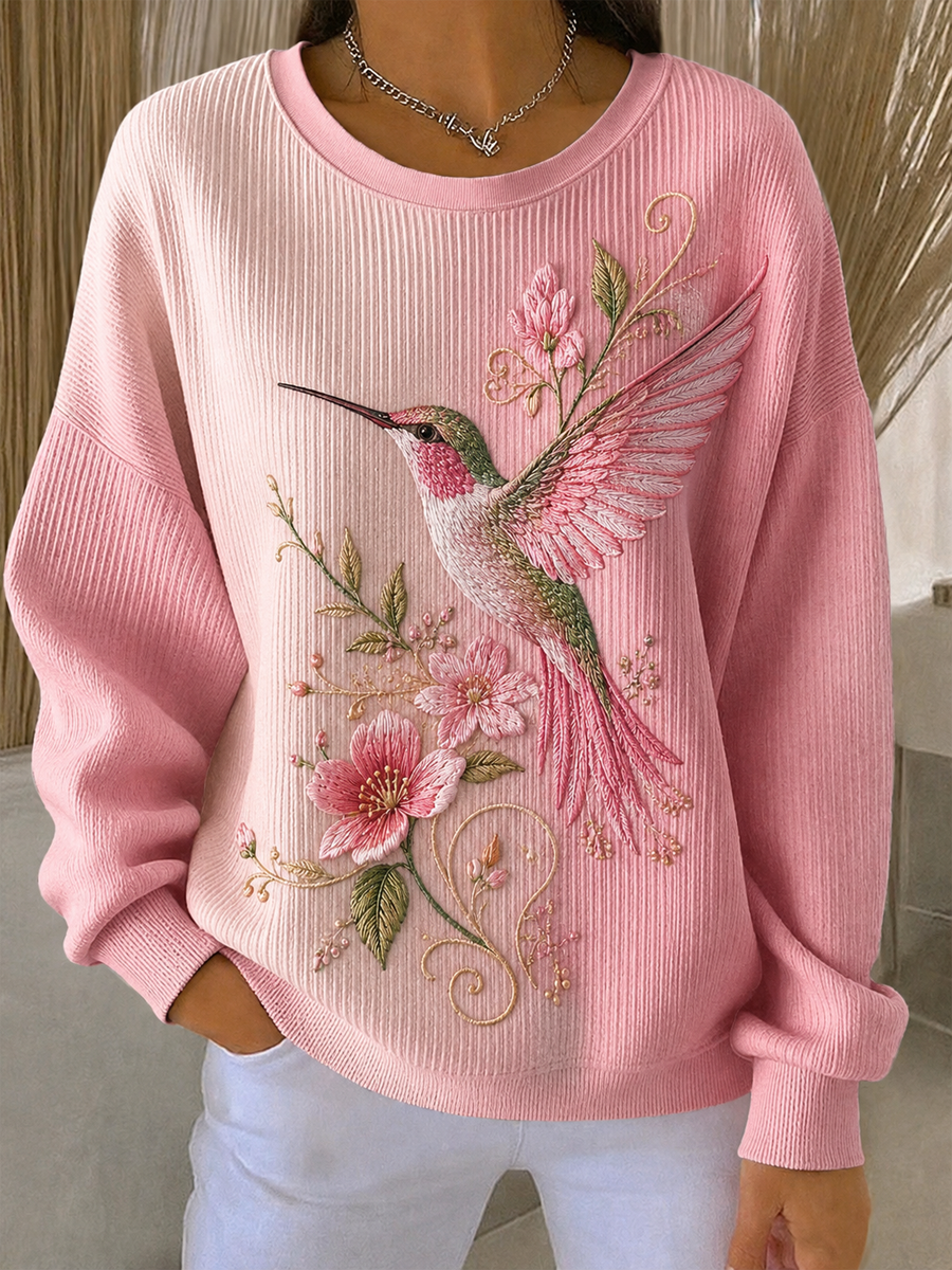 Kvinder Hummingbird Art Print Ribbet rund hals sweatshirt