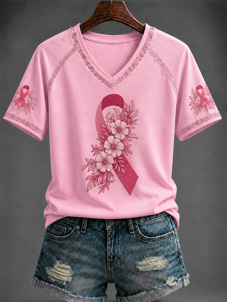 Kvinders brystkræft Pink Printed V-hals T-shirt