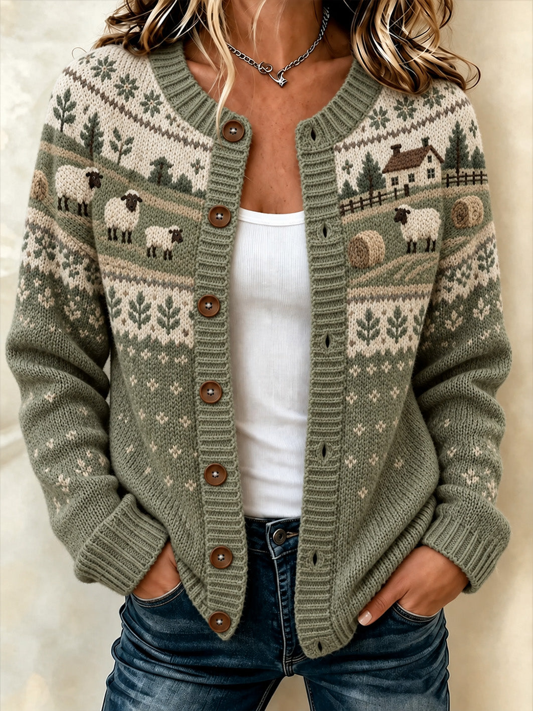 Kvinder gård får mønster trykt afslappet cardigan-stil strikke jakken