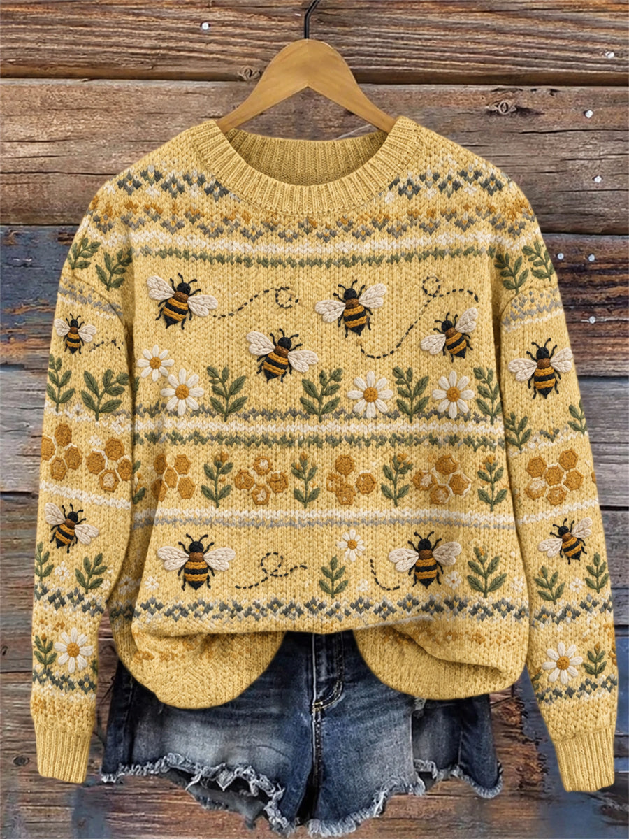 Kvinder Vintage Flying Bier Tusindfryd Floral Isle Print besætning hals sweater.
