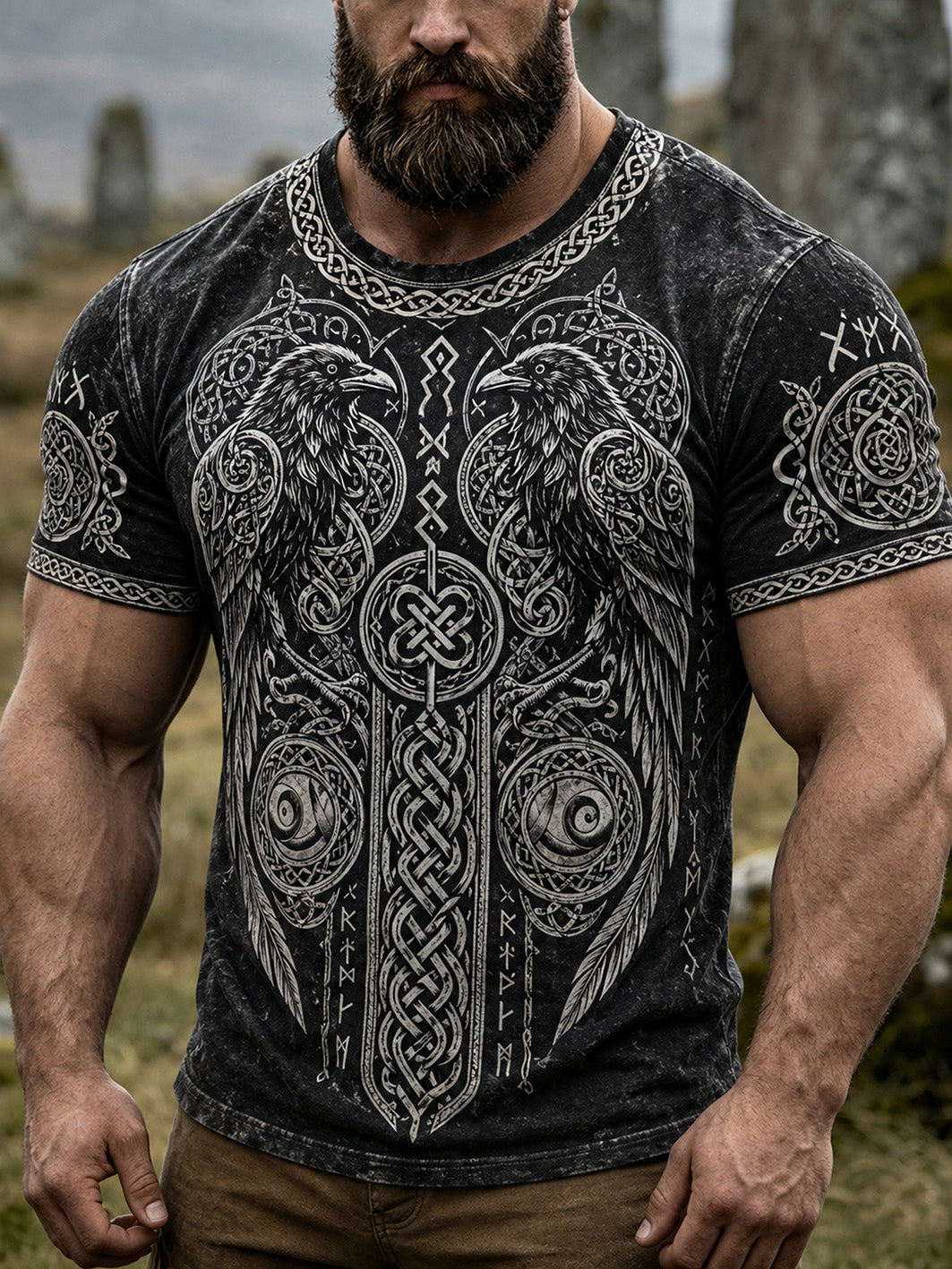 Mænds retro vikingestil afslappet T-shirt med korte ærmer