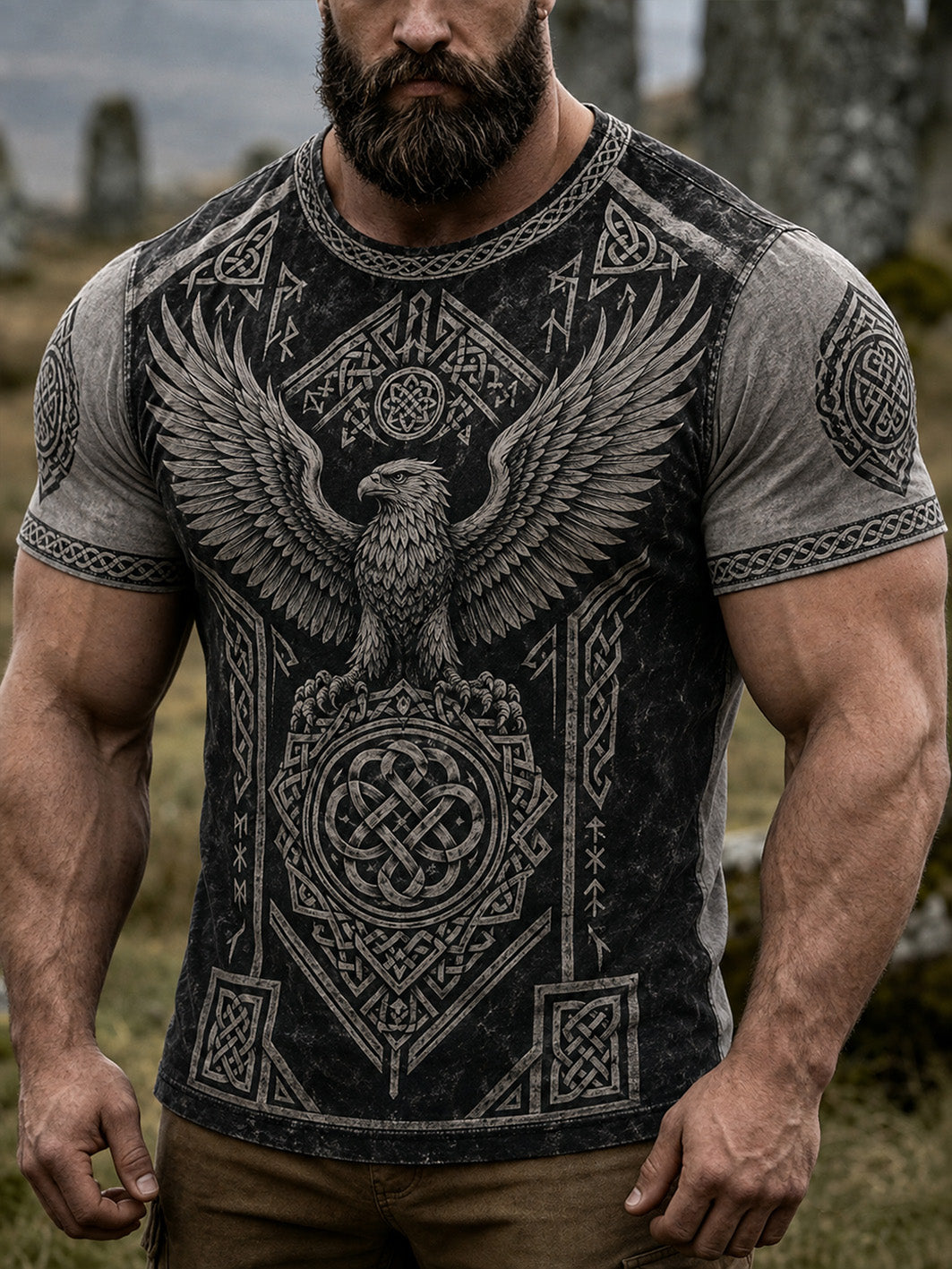 Mænds retro vikingemønstret design afslappet t-shirt med korte ærmer