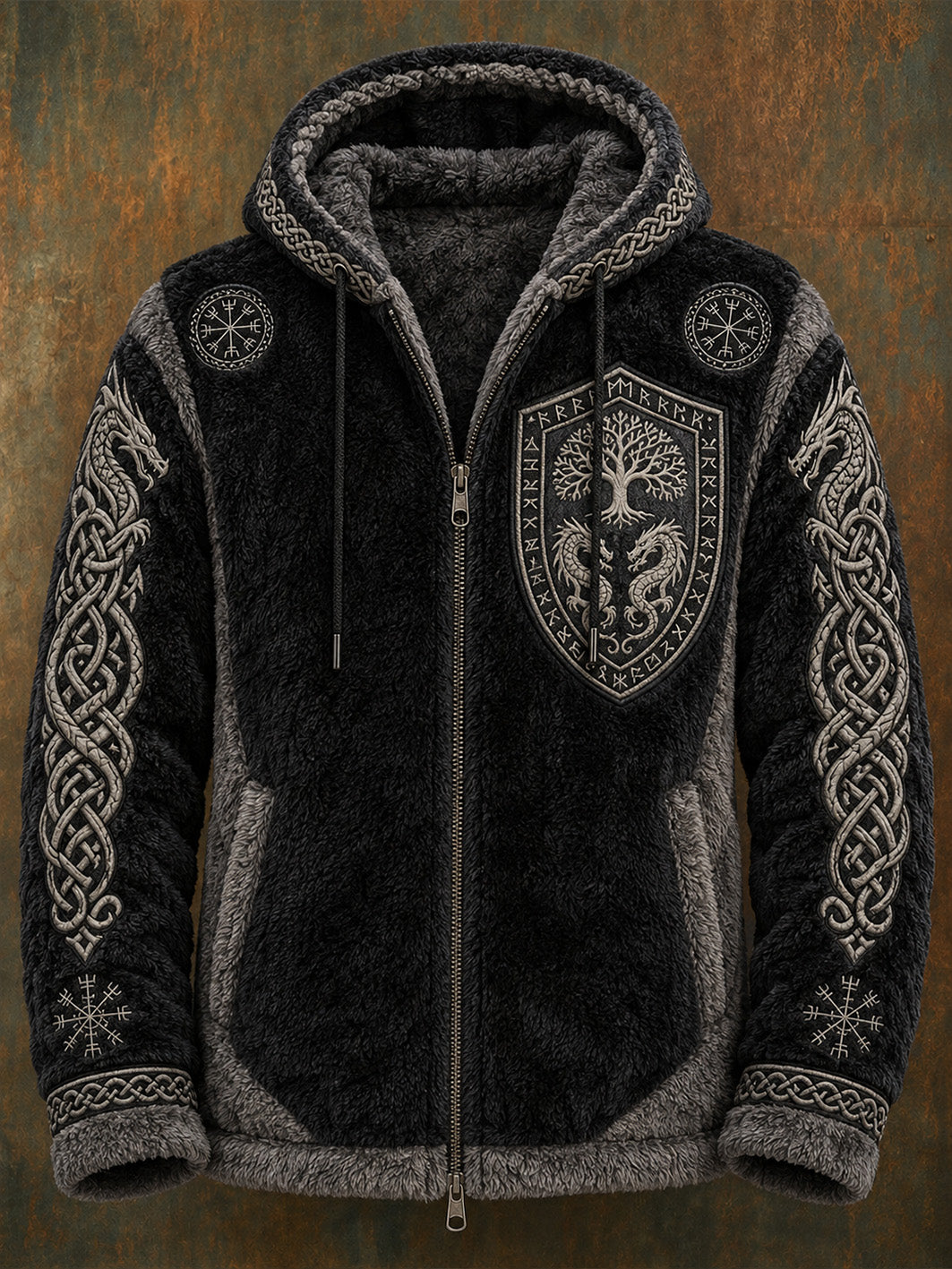 Mænds vikinge-stil casual vintervarm flanelfrakke med hætte