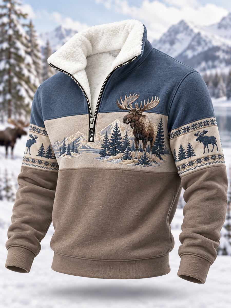 Mænds vinter Moose Print Casual Plush lynlås Pullover