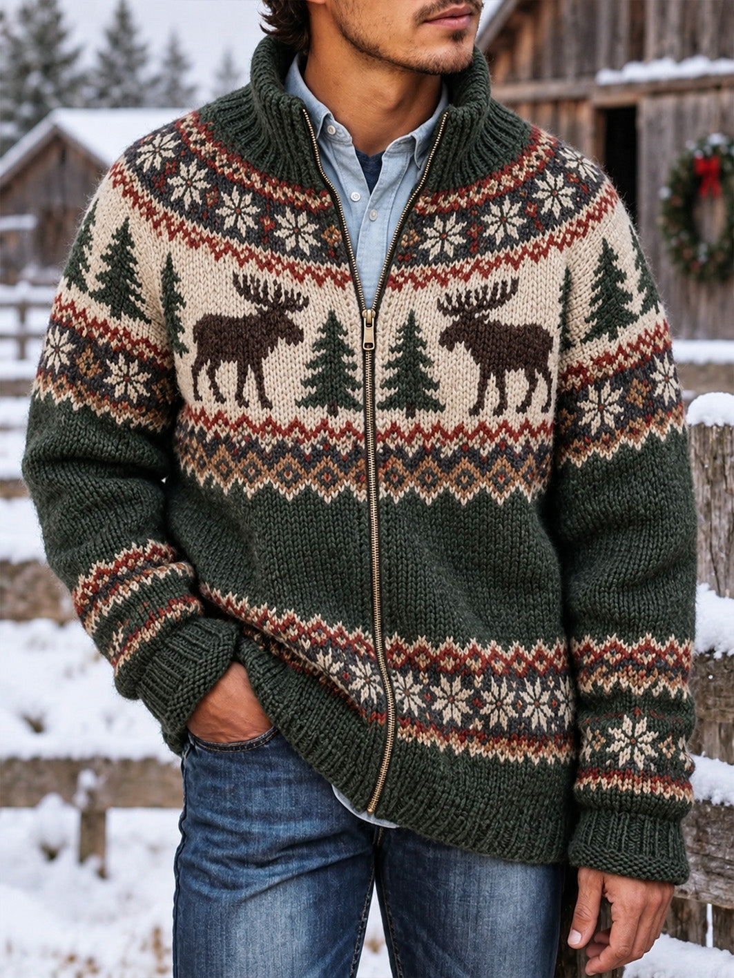 Mænds Nordic Style Elk Mønster Casual Zip-Up Strikke jakken