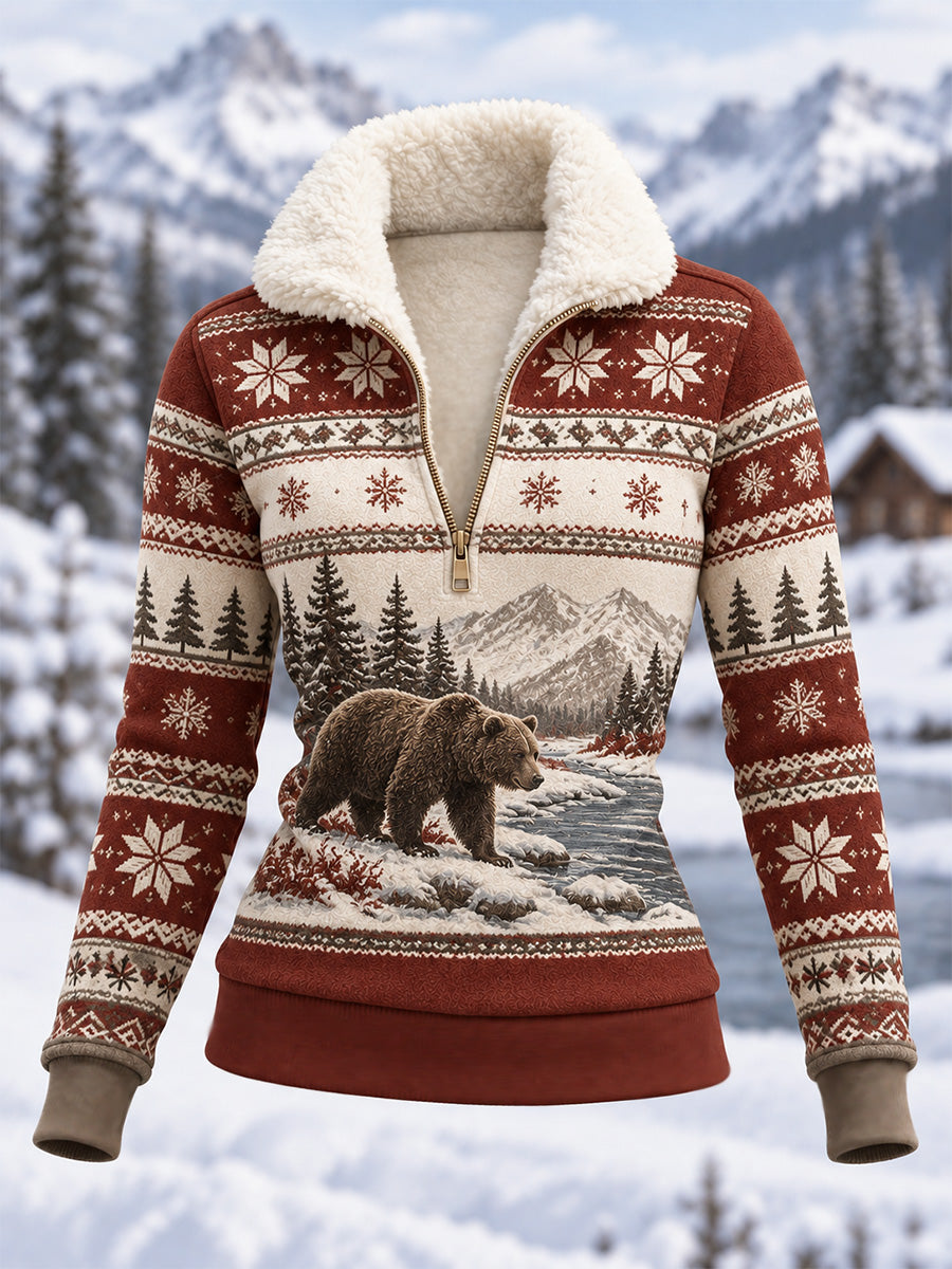 Kvinders vinter Snebjørn Print Casual Composite Fleece Hoodies