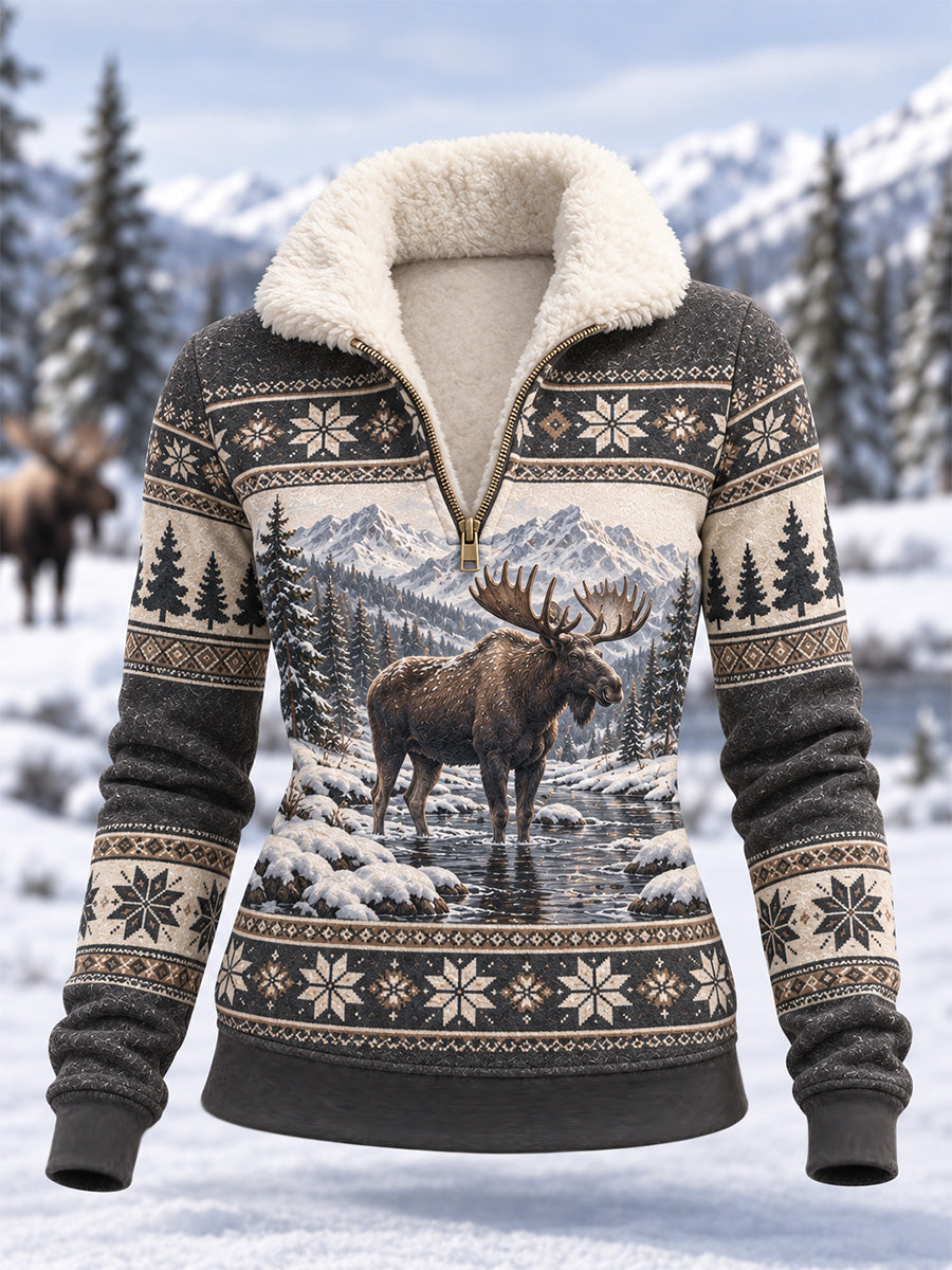 Kvinders vinter-hoodie i fleecemateriale med elgprint og kompositdesign til daglig brug