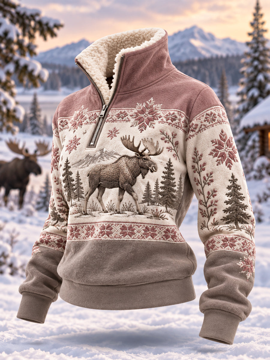 Kvinders vintermønstret casual plys-pullover med lynlås og elgprint