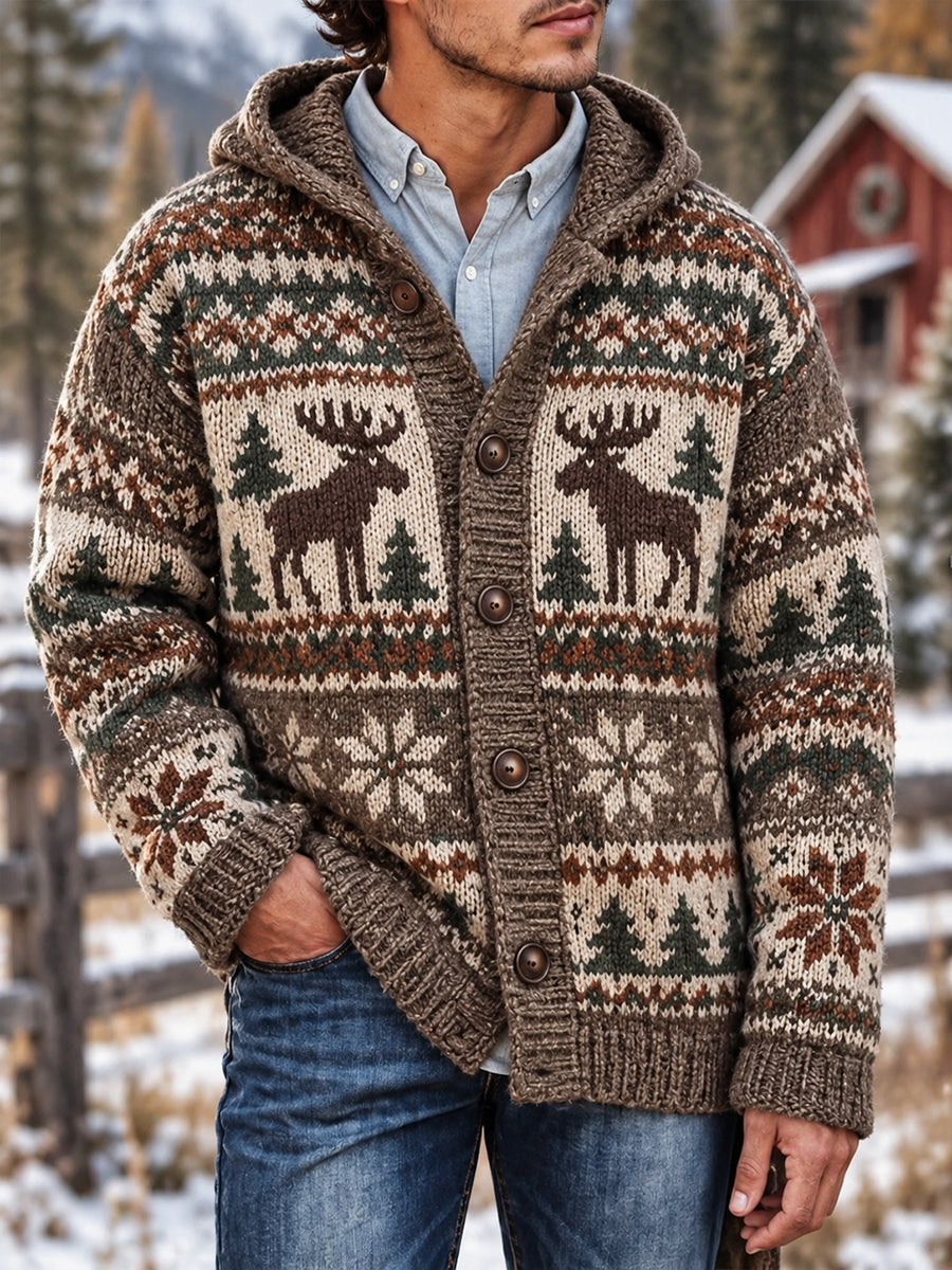 Mænds vintage Moose Isle-print kardigan med hætte