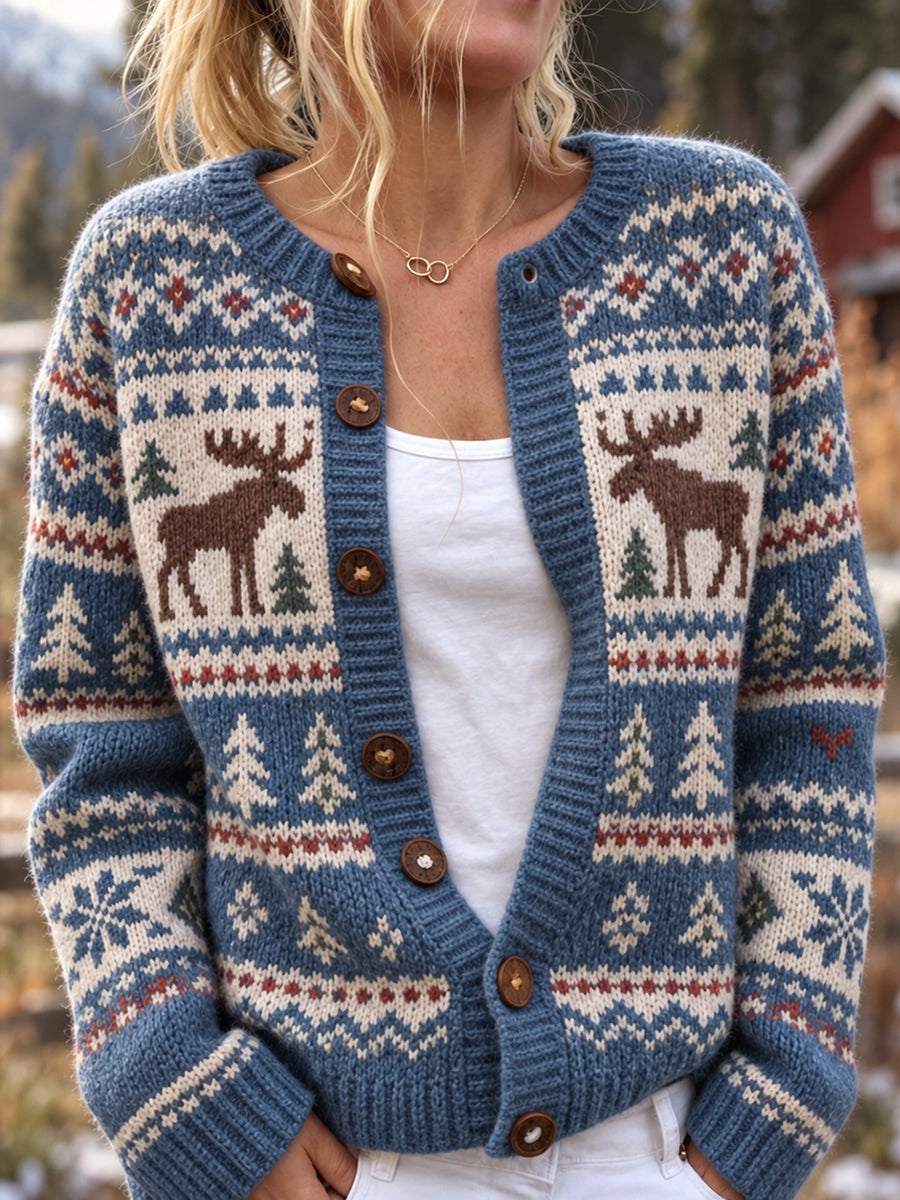 Kvinders Vintage Moose Isle Print Cardigan-stil strikke jakken